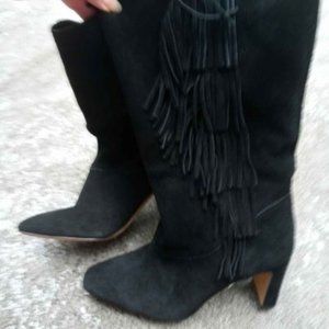 BOOTS 7 New Vince Camuto Black Suede Fringe Western Boot High Heel Size 7